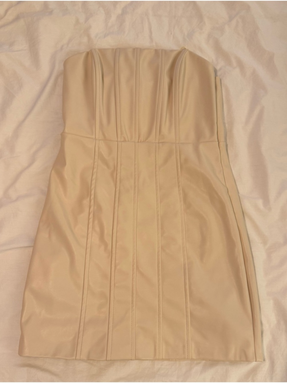 DO+BE Strapless Cream Faux Leather Mini Dress with Structured Seams